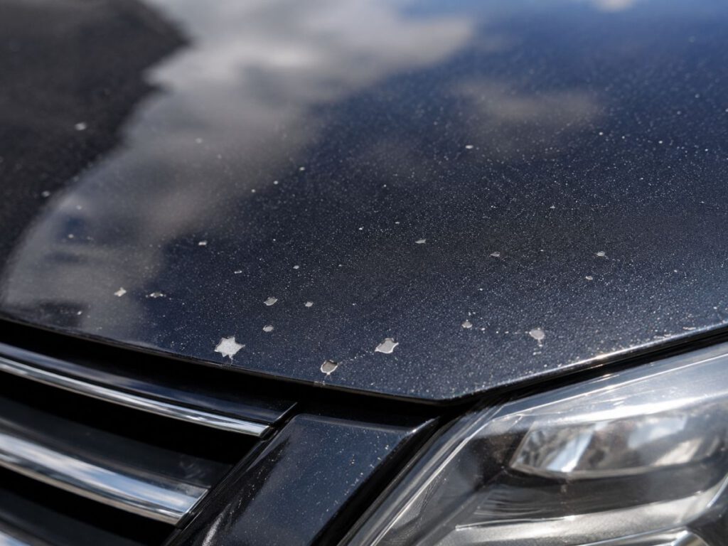 Steinschläge auf Motorhaube und Frontstoßstange eines Fahrzeugs vor der Leasingrückgabe
